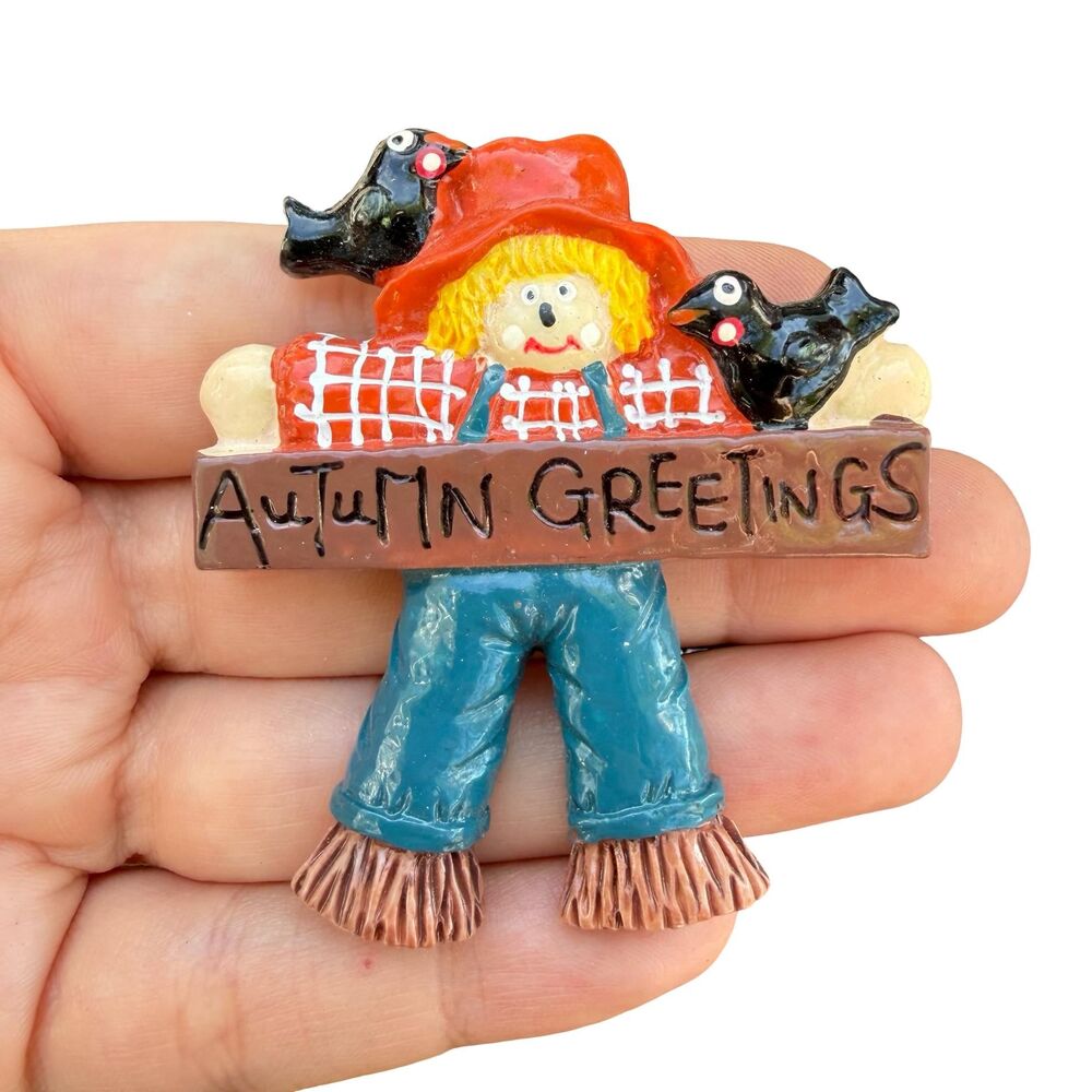 Vintage Jewelry Autumn Greetings Brooch Scarecrow Pin Fall Brooch Fall Pin